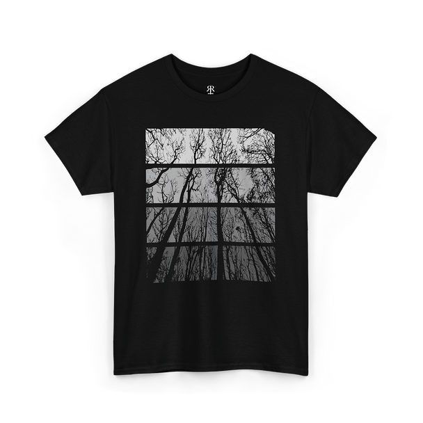 A black crew neck t-shirt with a graphic print of trees in a forest setting on the front.