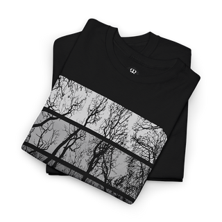 A black crew neck t-shirt with a graphic print of trees in a forest setting on the front.