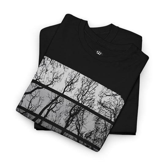 A black crew neck t-shirt with a graphic print of trees in a forest setting on the front.