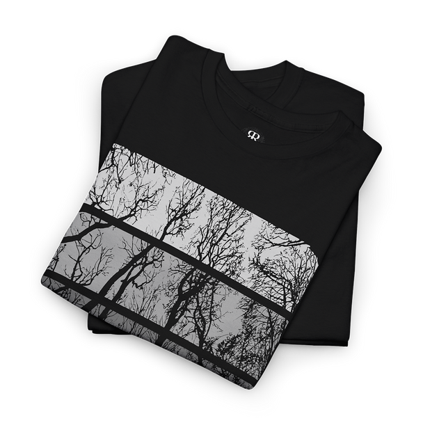 A black crew neck t-shirt with a graphic print of trees in a forest setting on the front.