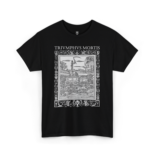 Black T-shirt with a graphic print depicting a scene with skeletons, consistent with the theme of the medieval art of the Triumph of Death.