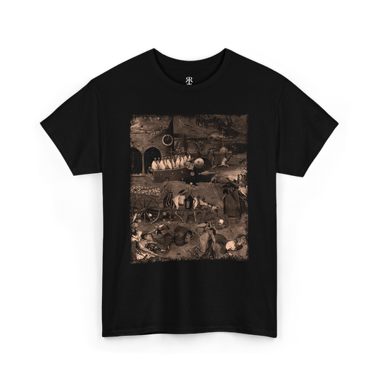 Black t-shirt with a printed design depicting a scene with skeletal figures, reminiscent of the painting 'Triumph of Death' by Pieter Bruegel the Elder.