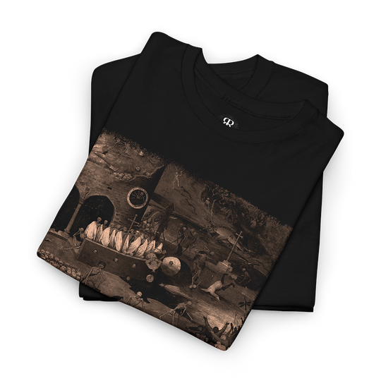 Black t-shirt with a printed design depicting a scene with skeletal figures, reminiscent of the painting 'Triumph of Death' by Pieter Bruegel the Elder.