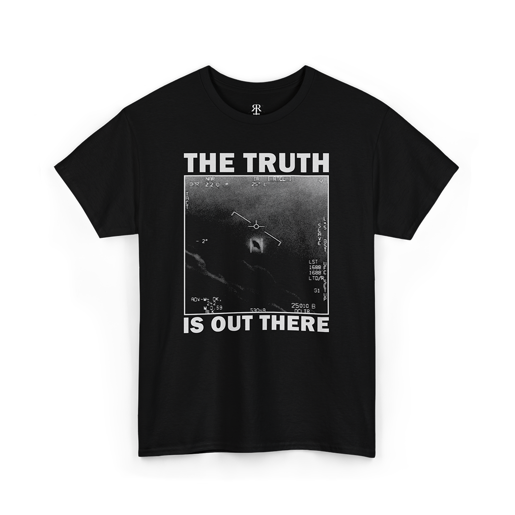 Black crew neck t-shirt with the text 'THE TRUTH IS OUT THERE' printed on the front, featuring a monochrome UFO image.
