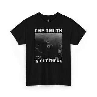 Black crew neck t-shirt with the text 'THE TRUTH IS OUT THERE' printed on the front, featuring a monochrome UFO image.