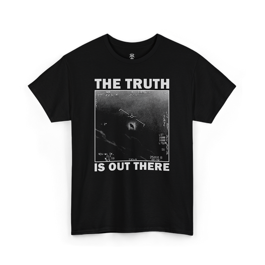 Black crew neck t-shirt with the text 'THE TRUTH IS OUT THERE' printed on the front, featuring a monochrome UFO image.