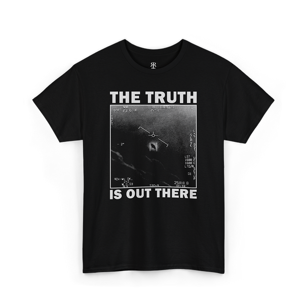 Black crew neck t-shirt with the text 'THE TRUTH IS OUT THERE' printed on the front, featuring a monochrome UFO image.