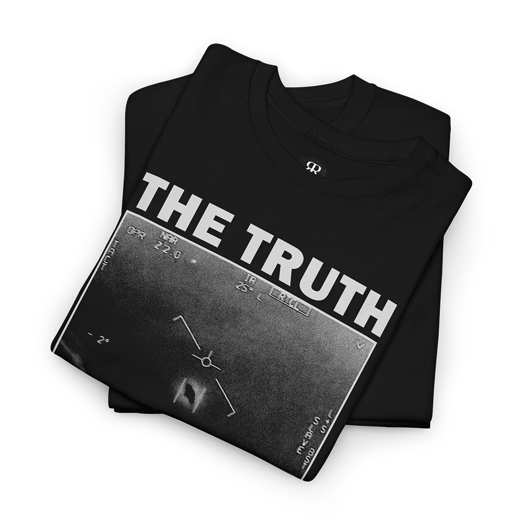 Black crew neck t-shirt with the text 'THE TRUTH IS OUT THERE' printed on the front, featuring a monochrome UFO image.