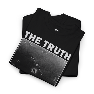 Black crew neck t-shirt with the text 'THE TRUTH IS OUT THERE' printed on the front, featuring a monochrome UFO image.