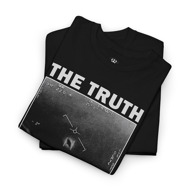 Black crew neck t-shirt with the text 'THE TRUTH IS OUT THERE' printed on the front, featuring a monochrome UFO image.