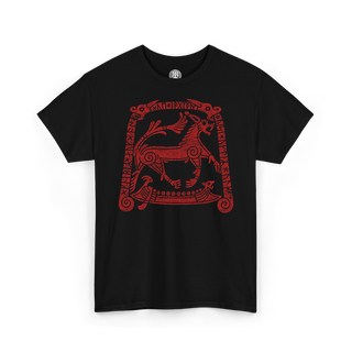 A black short-sleeve crewneck t-shirt featuring a red Viking-style graphic print of a horse and a longship on the front, displayed against a solid white background.