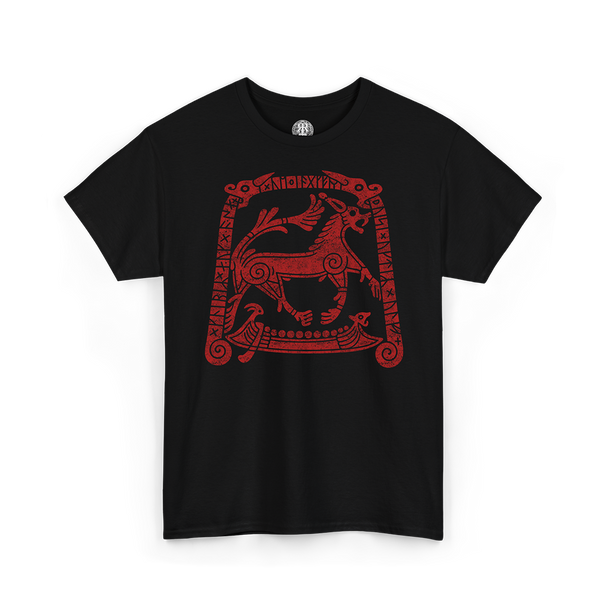 A black short-sleeve crewneck t-shirt featuring a red Viking-style graphic print of a horse and a longship on the front, displayed against a solid white background.