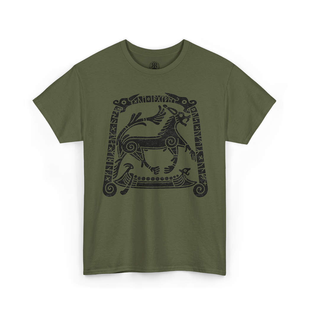 An olive green short-sleeve crewneck t-shirt featuring a black graphic print of a stylized goat within a decorative frame on the chest, displayed against a solid white background.