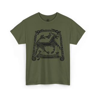 An olive green short-sleeve crewneck t-shirt featuring a black graphic print of a stylized goat within a decorative frame on the chest, displayed against a solid white background.