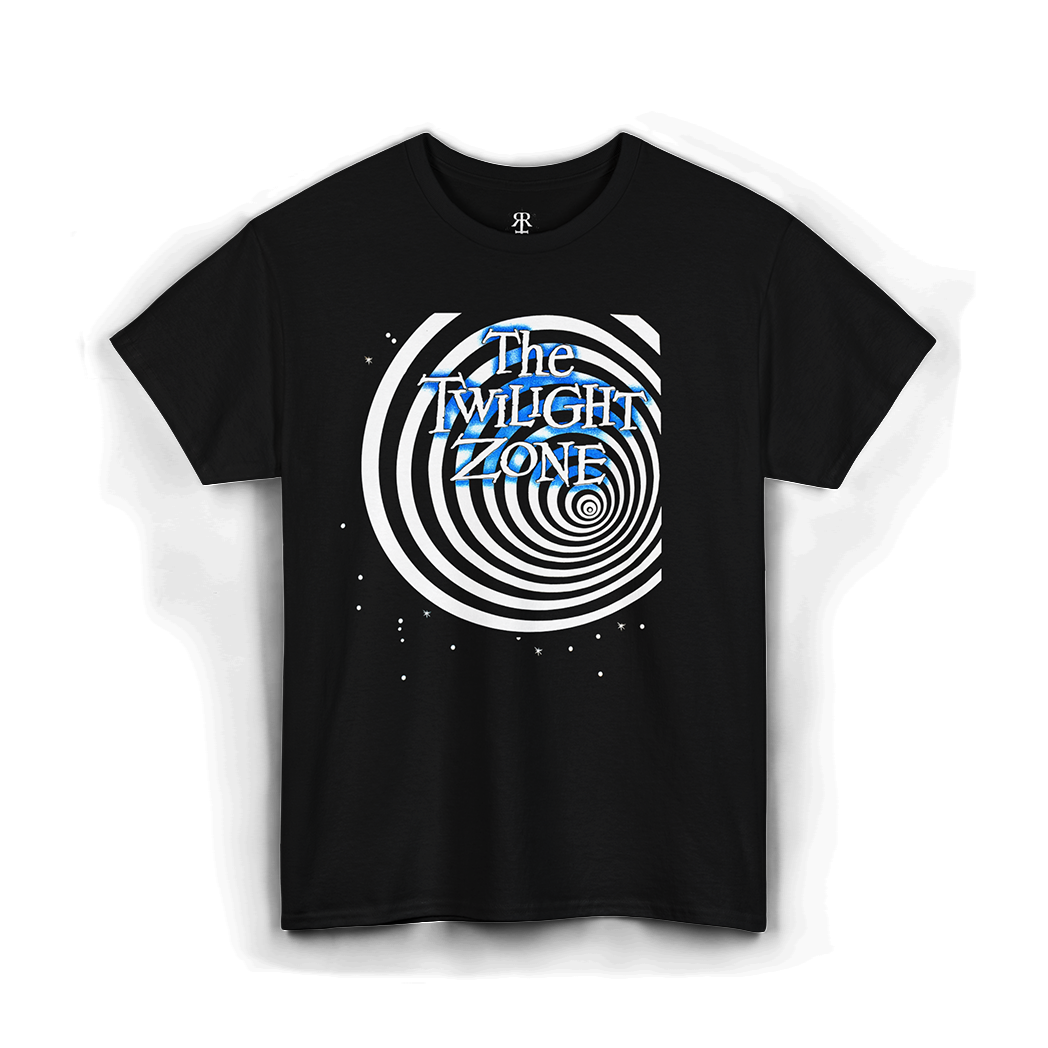 Black t-shirt with 'The Twilight Zone' logo showing a wormole