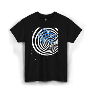 Black t-shirt with 'The Twilight Zone' logo showing a wormole