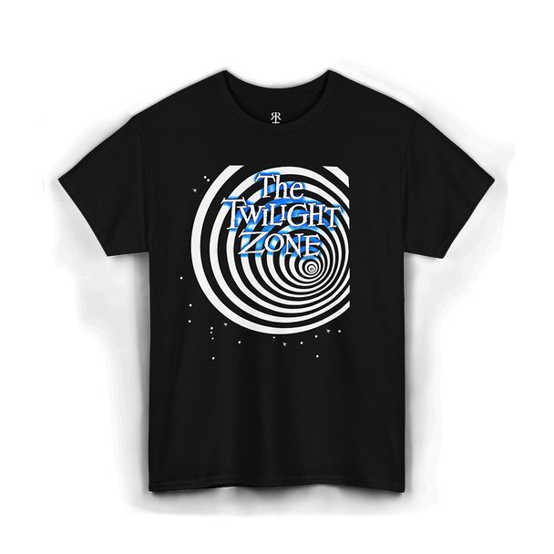 Black t-shirt with 'The Twilight Zone' logo showing a wormole