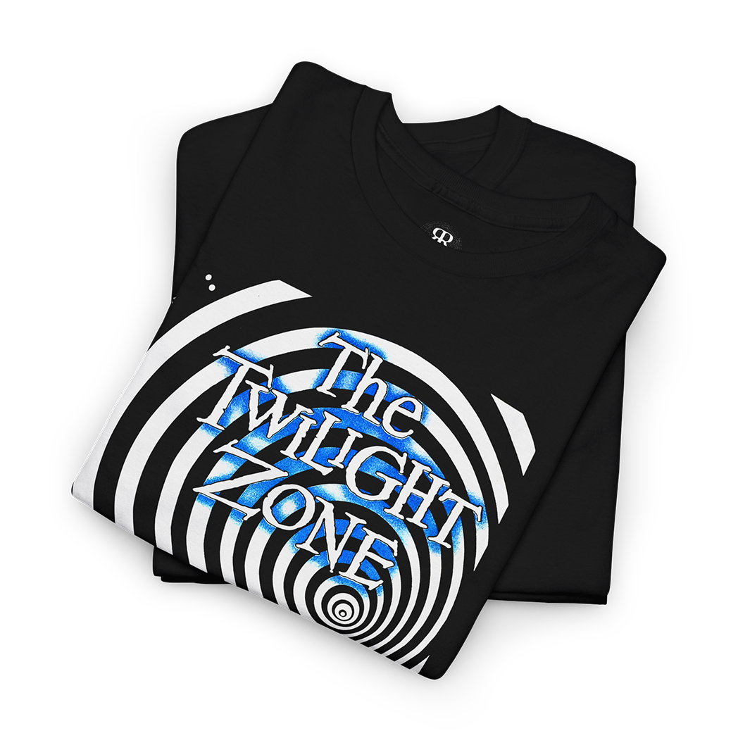 Black t-shirt with 'The Twilight Zone' logo showing a wormole