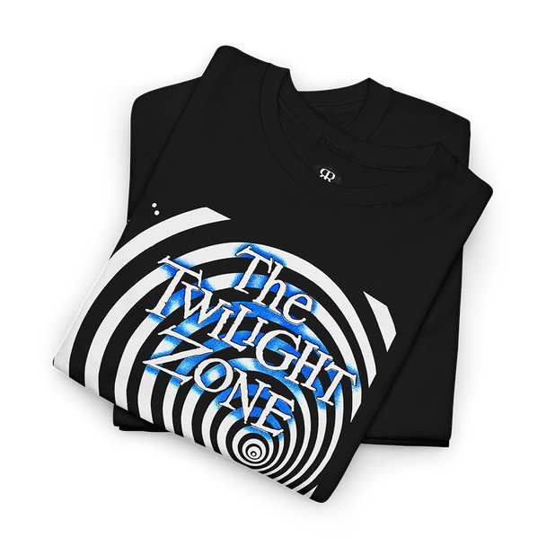Black t-shirt with 'The Twilight Zone' logo showing a wormole