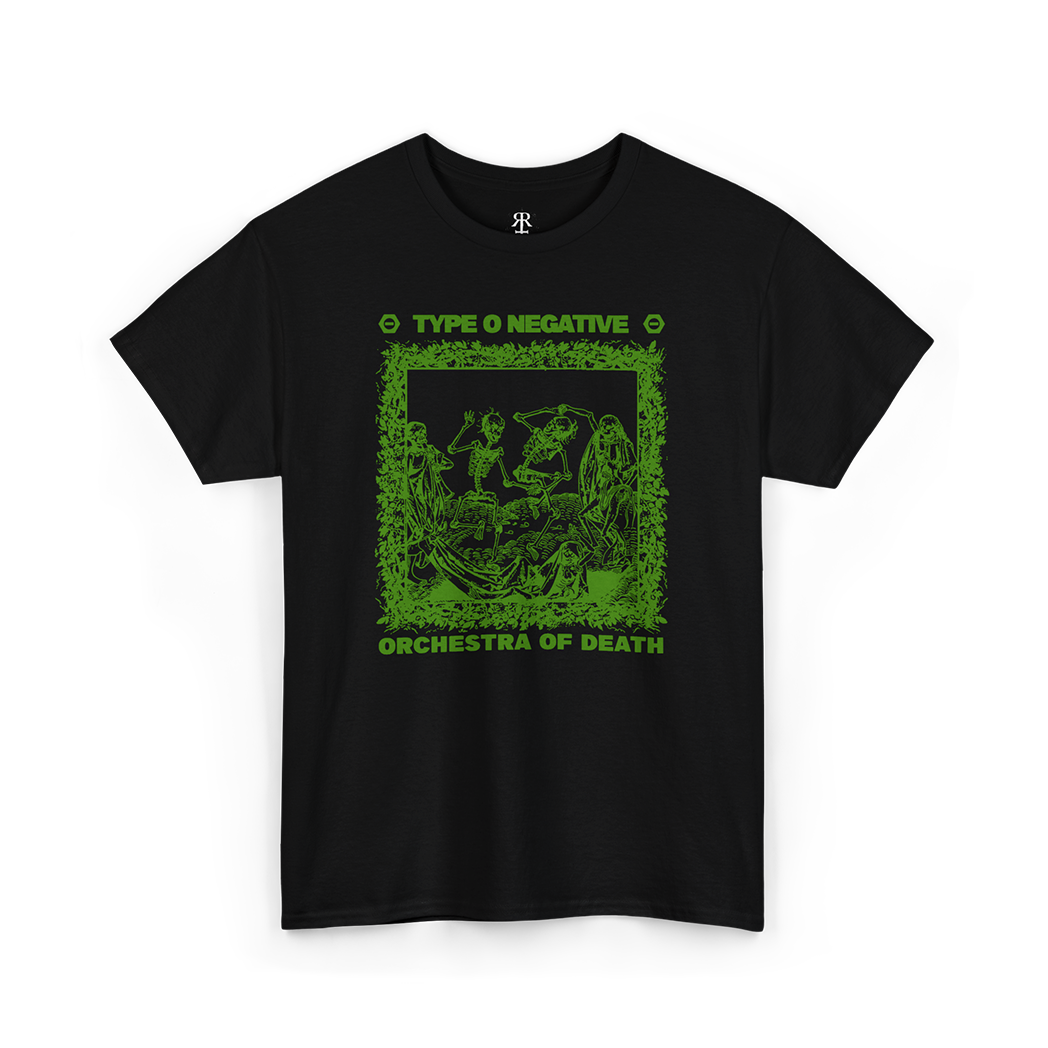 Black T-shirt with a green graphic print featuring text and an illustration, representing the band Type O Negative and the album Orchestra of Death.