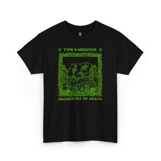 Black T-shirt with a green graphic print featuring text and an illustration, representing the band Type O Negative and the album Orchestra of Death.