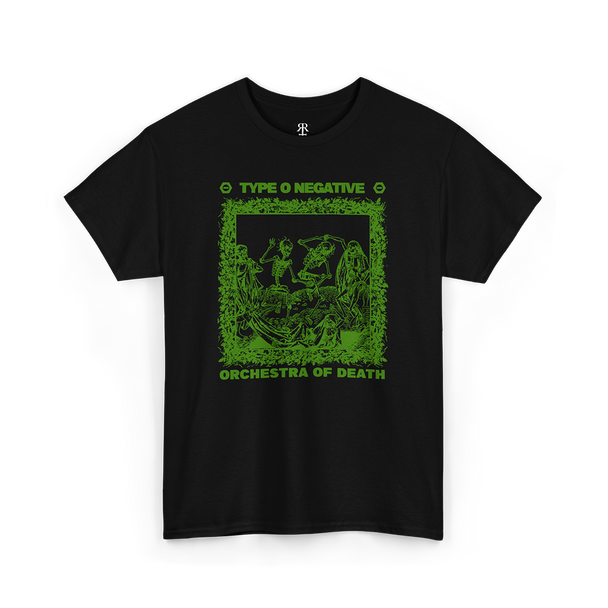 Black T-shirt with a green graphic print featuring text and an illustration, representing the band Type O Negative and the album Orchestra of Death.