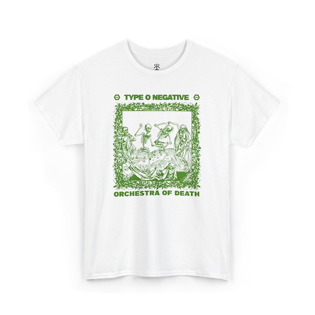 White T-shirt with a green graphic print featuring text and an illustration, representing the band Type O Negative and the album Orchestra of Death.