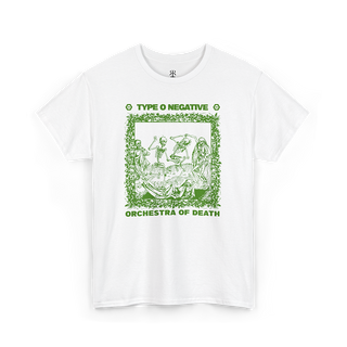 White T-shirt with a green graphic print featuring text and an illustration, representing the band Type O Negative and the album Orchestra of Death.