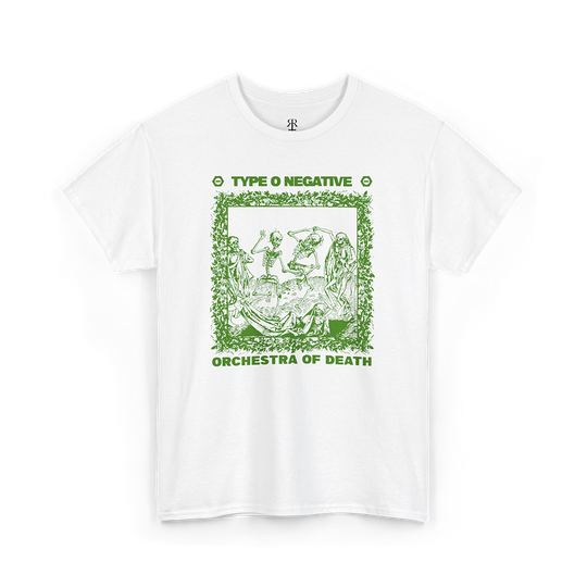 White T-shirt with a green graphic print featuring text and an illustration, representing the band Type O Negative and the album Orchestra of Death.