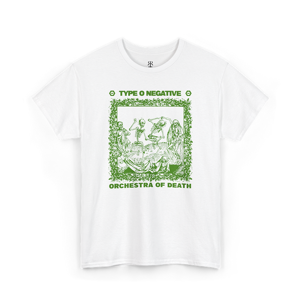 White T-shirt with a green graphic print featuring text and an illustration, representing the band Type O Negative and the album Orchestra of Death.