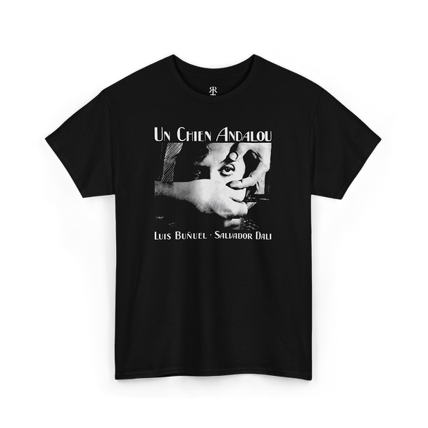 Black T-shirt with 'Un Chien Andalou' text and a graphic of a person's face and eyeball about to be cut out
