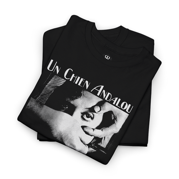 Black T-shirt with 'Un Chien Andalou' text and a graphic of a person's face and eyeball about to be cut out