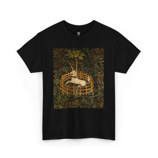 Black t-shirt featuring a central vintage illustration of a unicorn in a garden, surrounded by floral and fantastical elements reminiscent of medieval tapestries.