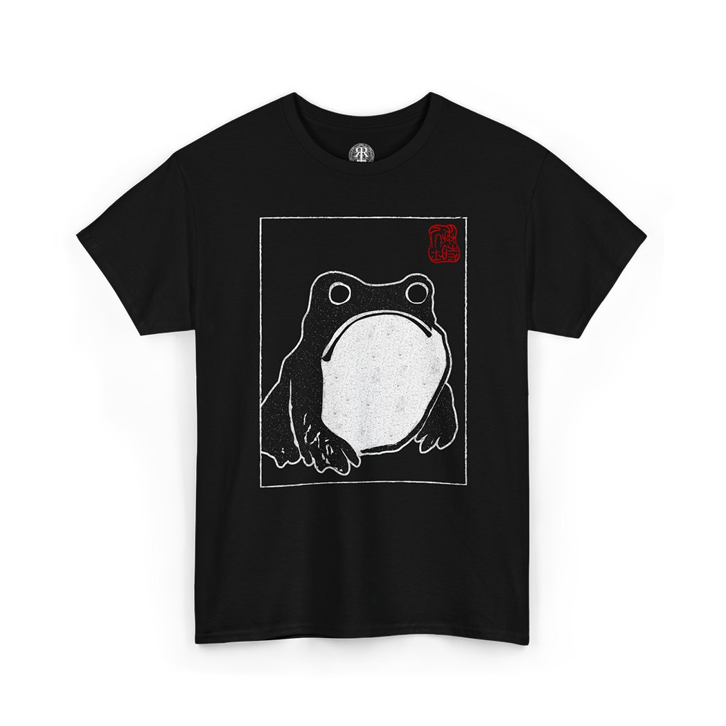 Black crew neck t-shirt with a white print of a frog in the center and a small red logo on the upper right side.