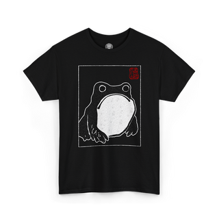 Black crew neck t-shirt with a white print of a frog in the center and a small red logo on the upper right side.