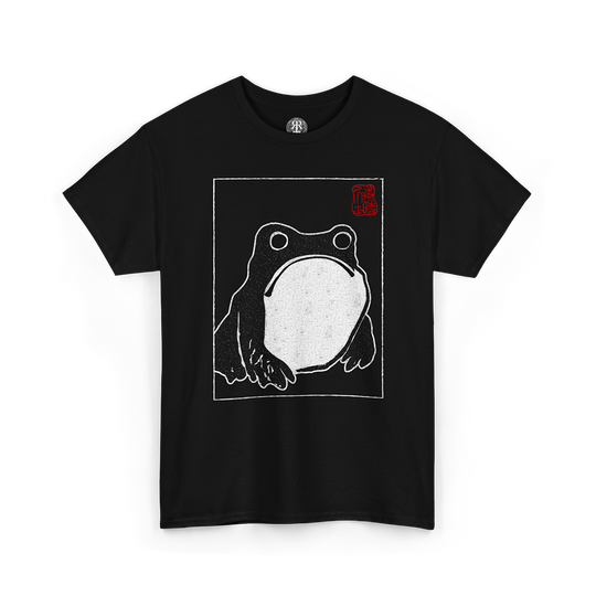 Black crew neck t-shirt with a white print of a frog in the center and a small red logo on the upper right side.