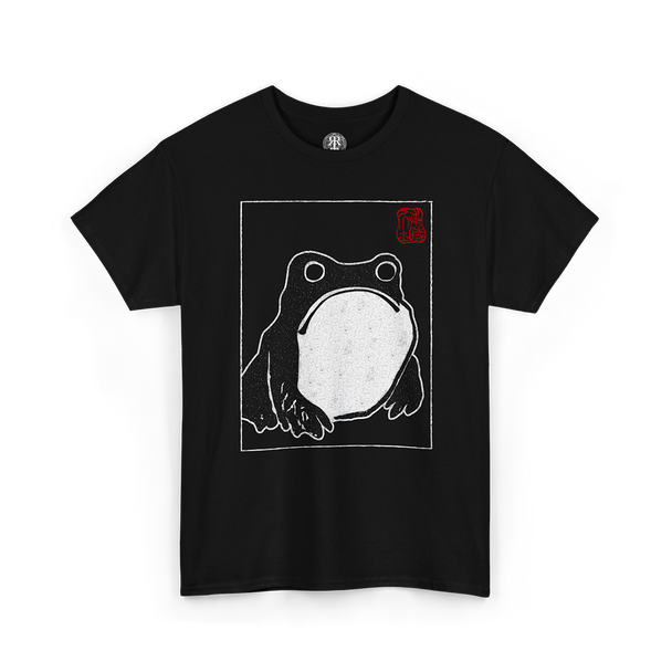 Black crew neck t-shirt with a white print of a frog in the center and a small red logo on the upper right side.