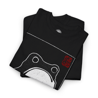 Black crew neck t-shirt with a white print of a frog in the center and a small red logo on the upper right side.