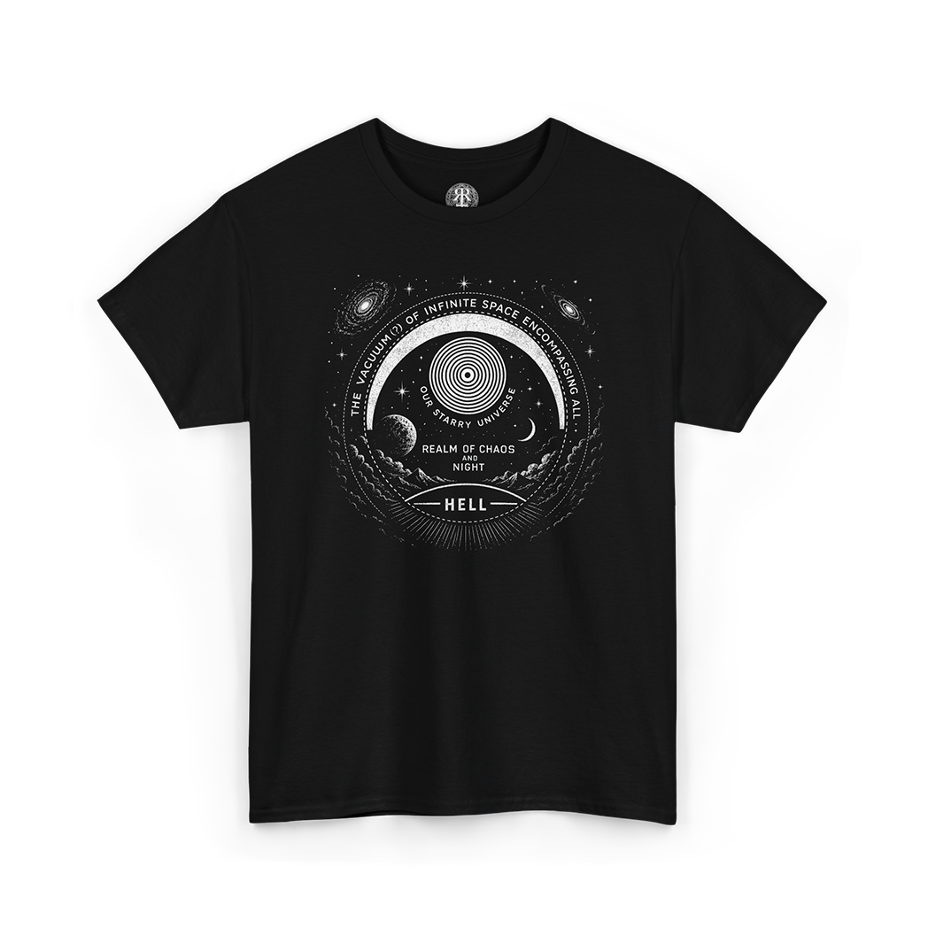 Black crew neck t-shirt with a graphic design featuring text and illustrations related to the themes of 'Paradise Lost' by Milton.