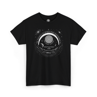 Black crew neck t-shirt with a graphic design featuring text and illustrations related to the themes of 'Paradise Lost' by Milton.