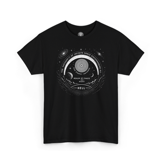 Black crew neck t-shirt with a graphic design featuring text and illustrations related to the themes of 'Paradise Lost' by Milton.