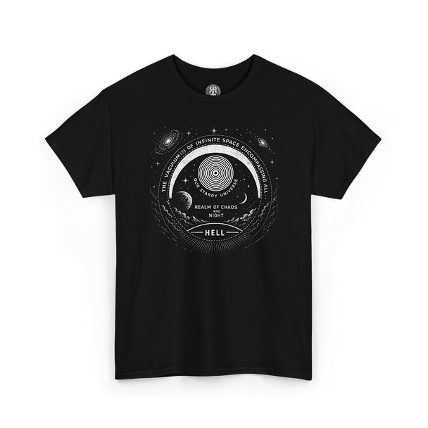 Black crew neck t-shirt with a graphic design featuring text and illustrations related to the themes of 'Paradise Lost' by Milton.