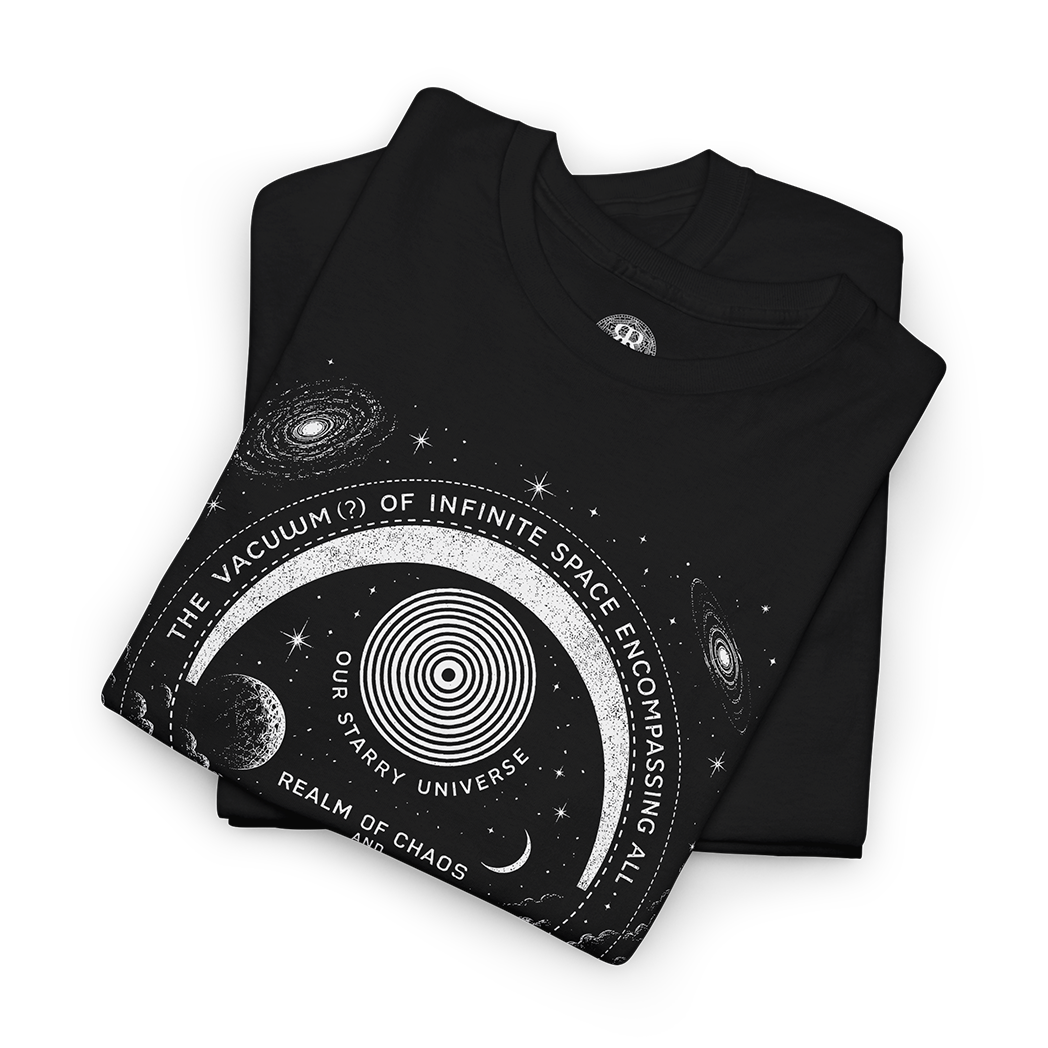 Folded black crew neck t-shirt with a graphic design featuring text and illustrations related to the themes of 'Paradise Lost' by Milton.