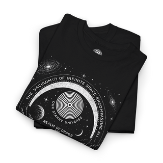 Folded black crew neck t-shirt with a graphic design featuring text and illustrations related to the themes of 'Paradise Lost' by Milton.