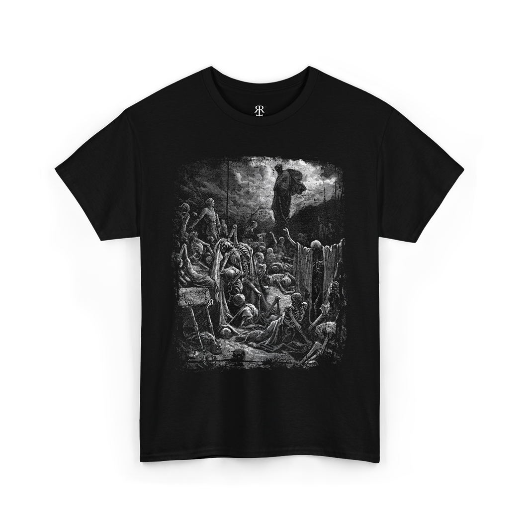 Black crew neck t-shirt featuring a monochrome graphic print of a historical or religious scene with figures