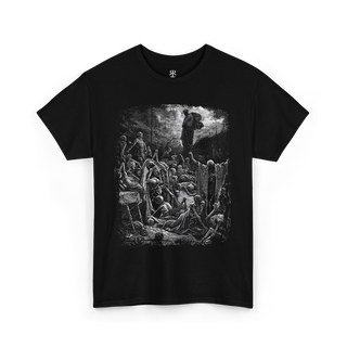 Black crew neck t-shirt featuring a monochrome graphic print of a historical or religious scene with figures