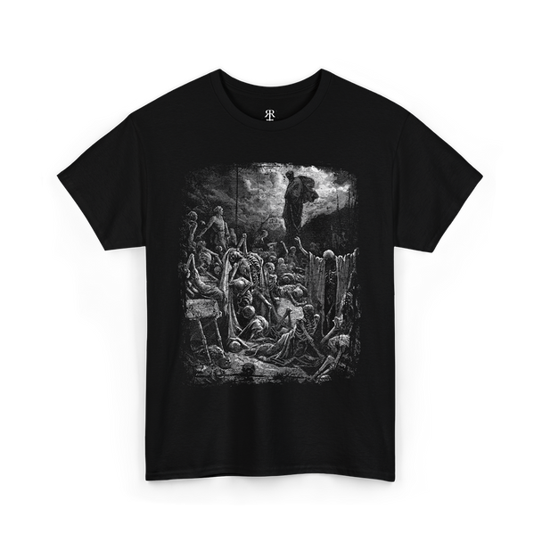 Black crew neck t-shirt featuring a monochrome graphic print of a historical or religious scene with figures