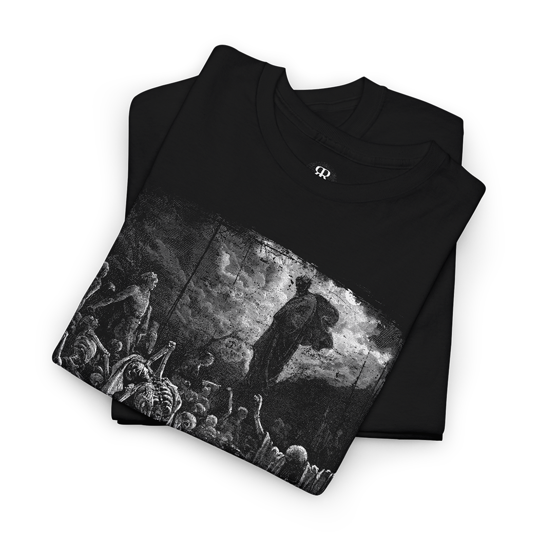 Black crew neck t-shirt featuring a monochrome graphic print of a historical or religious scene with figures