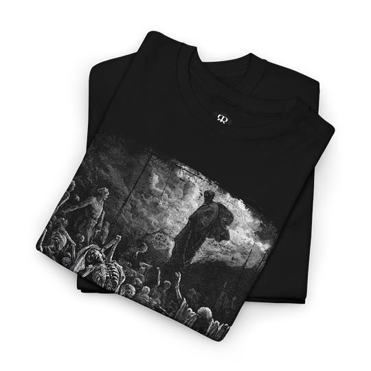 Black crew neck t-shirt featuring a monochrome graphic print of a historical or religious scene with figures