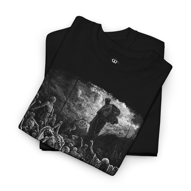 Black crew neck t-shirt featuring a monochrome graphic print of a historical or religious scene with figures